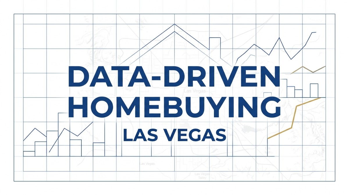 Blue text "DATA-DRIVEN HOMEBUYING LAS VEGAS" over a grid, line graphs, and a house outline.