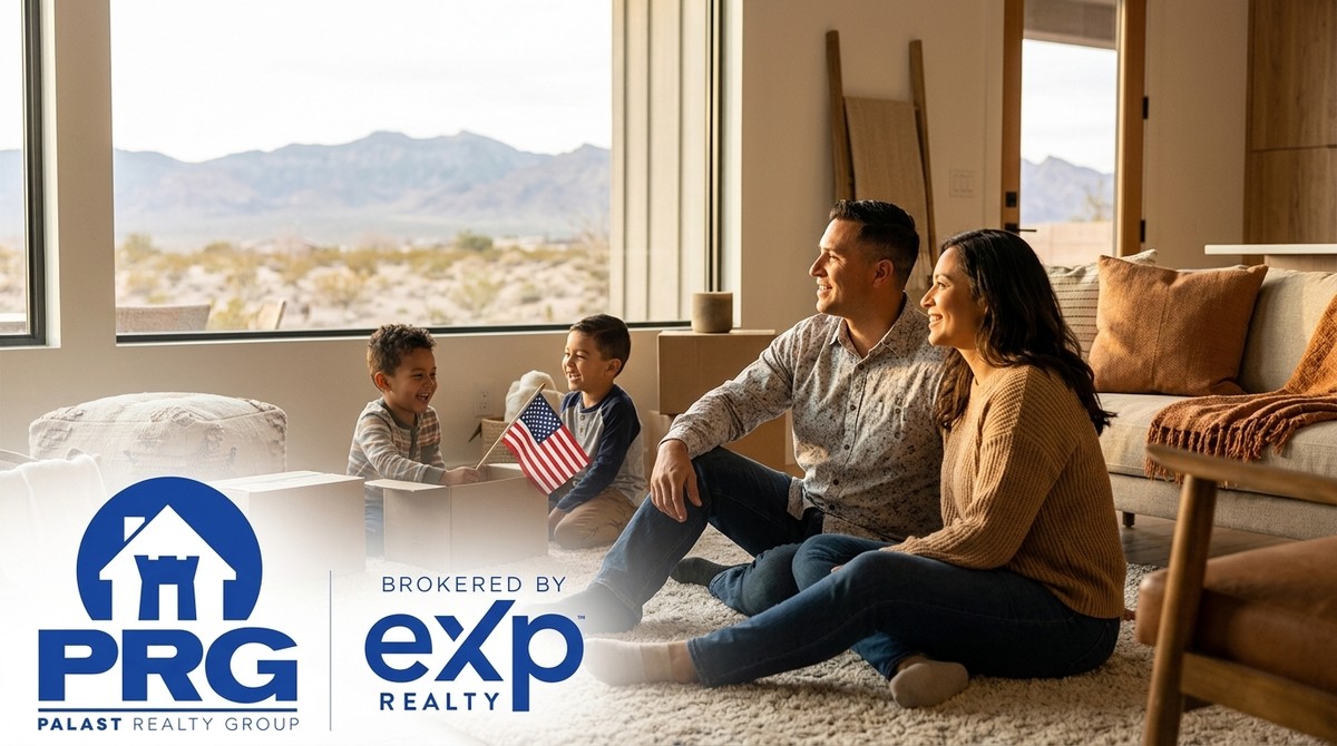 A family of four sits on the floor of their new home, with mountains visible through large windows.