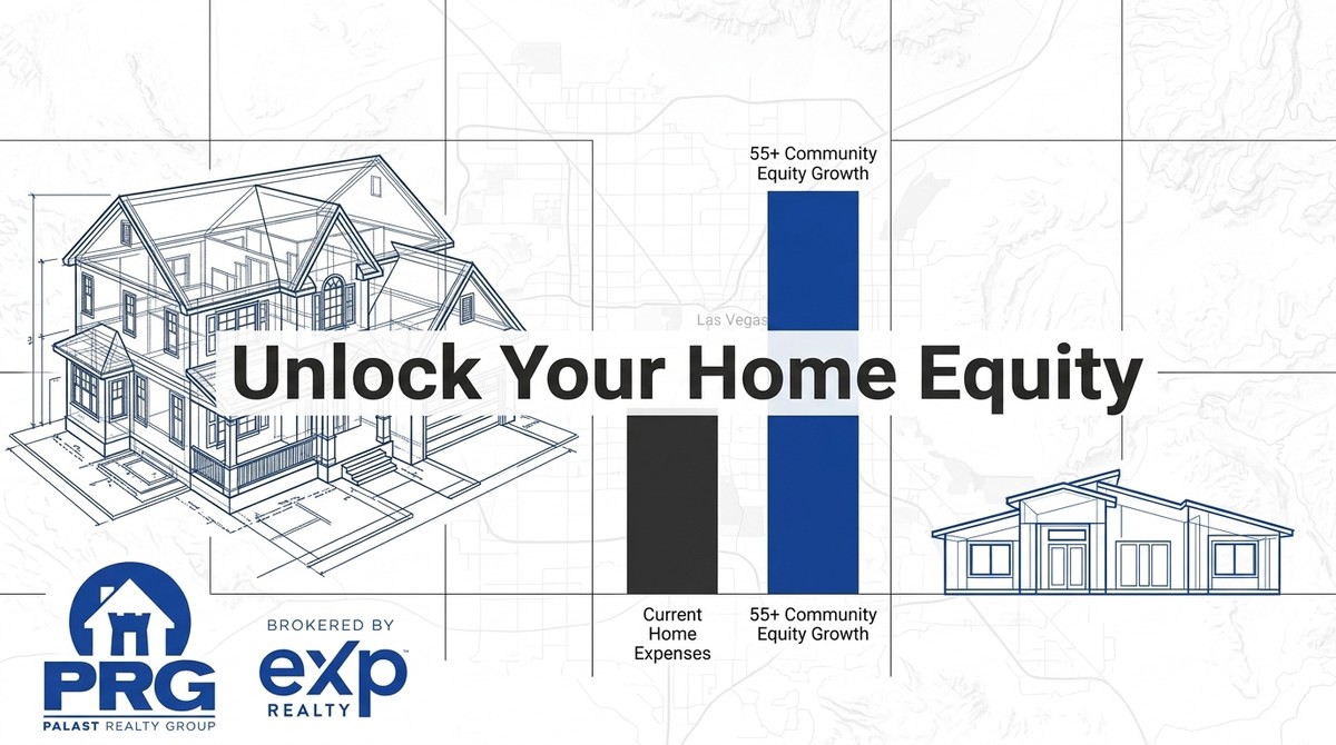 Blueprint of a large house, a smaller modern house, and bar charts showing 55+ community equity growth.
