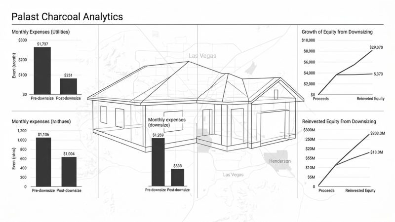 Analytics showing a house outline over a map of Las Vegas and Henderson 55+ community, with financial charts.