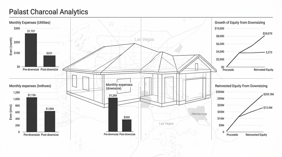 Analytics showing a house outline over a map of Las Vegas and Henderson 55+ community, with financial charts.