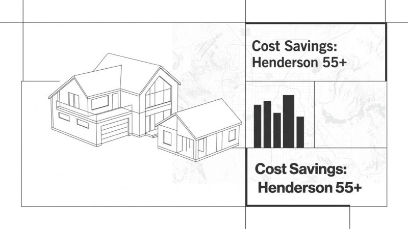 Outline drawing of a large house next to a small house, with "Cost Savings: Henderson 55+" text and a bar graph.
