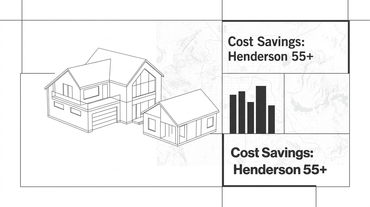 Outline drawing of a large house next to a small house, with "Cost Savings: Henderson 55+" text and a bar graph.
