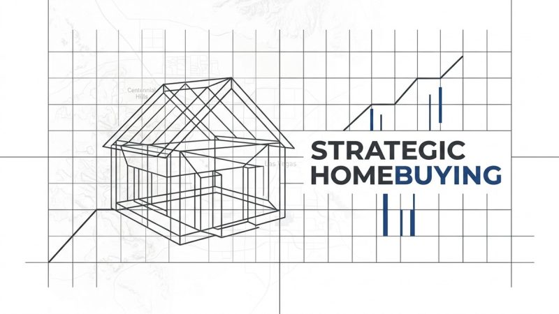 Wireframe house on a grid with a rising graph and "STRATEGIC HOMEBUYING" text.