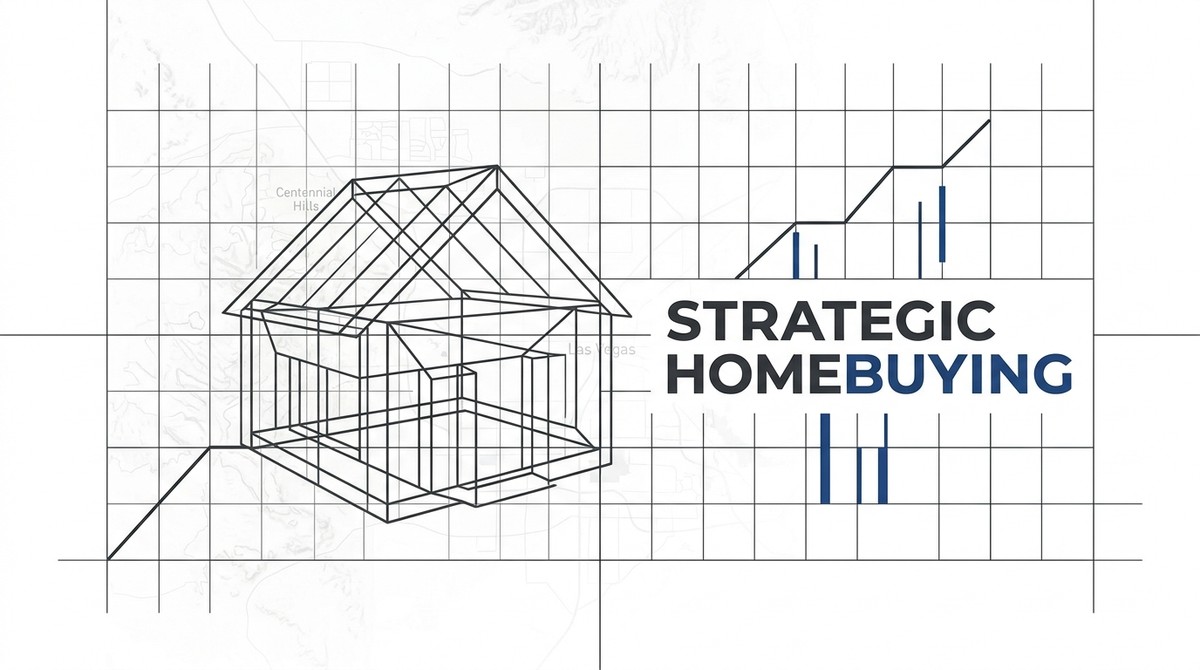 Wireframe house on a grid with a rising graph and "STRATEGIC HOMEBUYING" text.