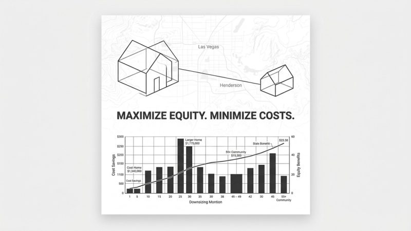 Diagram showing a larger home connected to a smaller Henderson 55+ community home on a map, plus a cost savings chart.