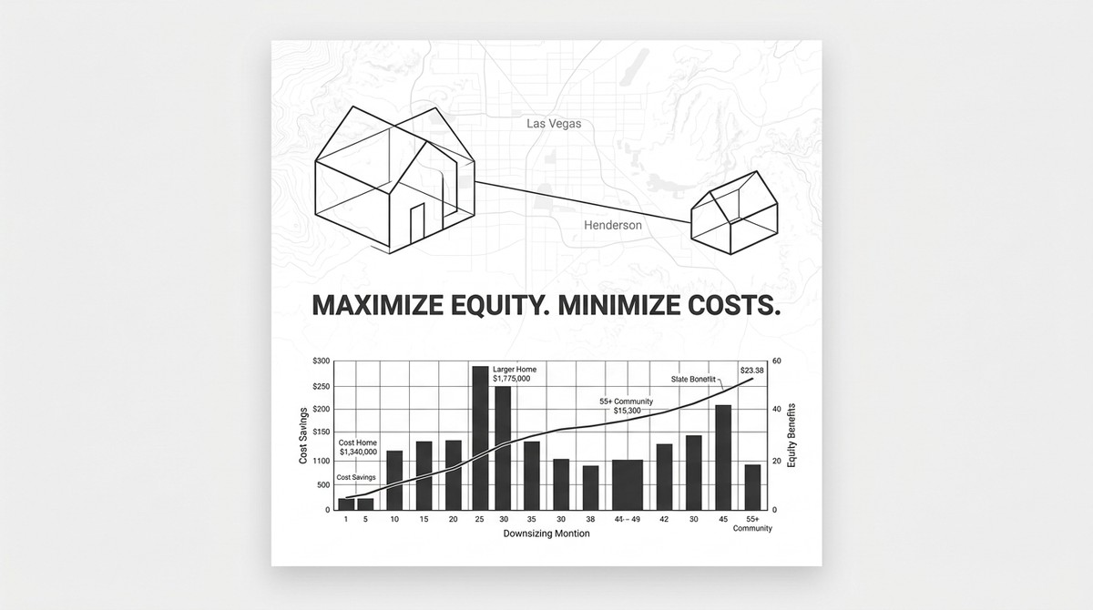 Diagram showing a larger home connected to a smaller Henderson 55+ community home on a map, plus a cost savings chart.