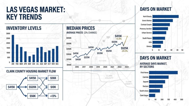 Charts showing Las Vegas real estate market trends: inventory levels, median prices, and days on market.