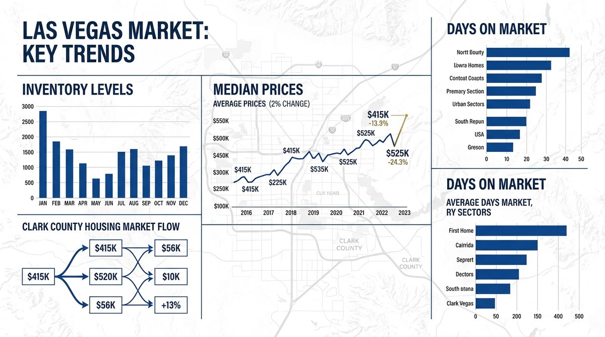Charts showing Las Vegas real estate market trends: inventory levels, median prices, and days on market.