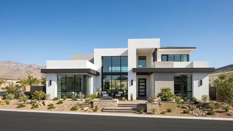 Modern white home with large windows, desert landscaping, and mountains under a clear blue sky, ideal for buying homes in Sky