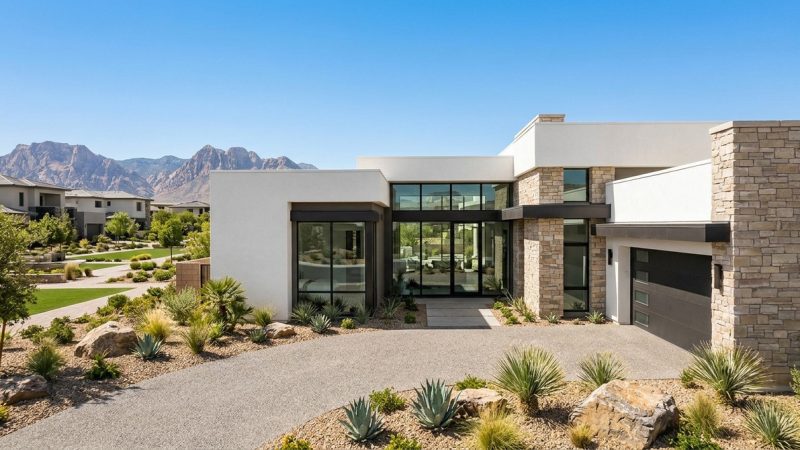 Modern white and stone house with large windows, desert landscaping, and mountains in the background.