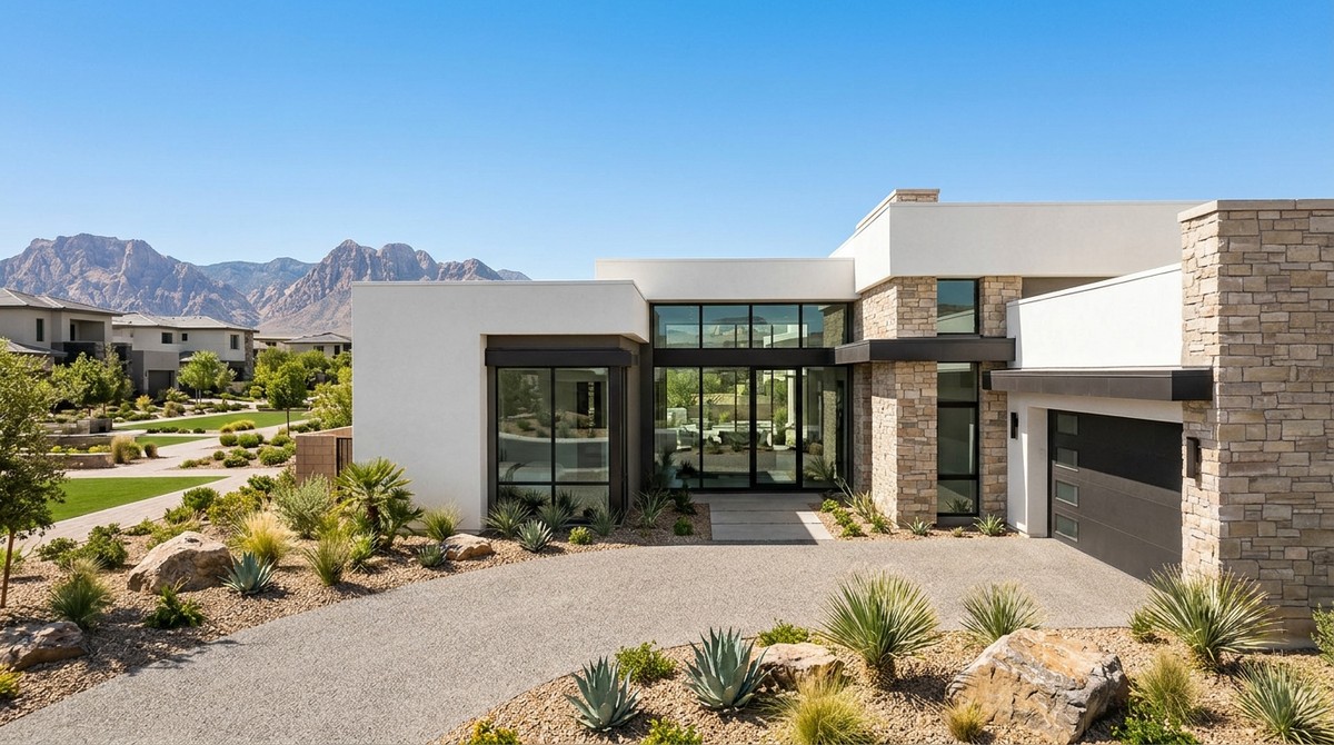 Modern white and stone house with large windows, desert landscaping, and mountains in the background.