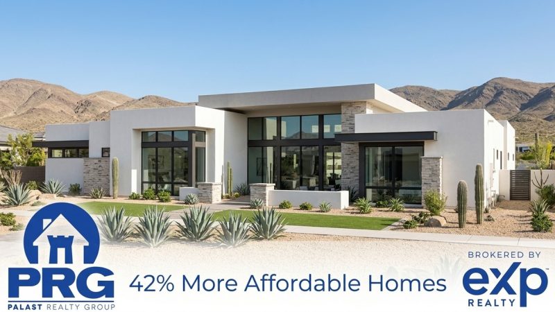 Modern white house with large windows, desert landscaping, and mountains in the background, ideal for Skye Canyon relocation.