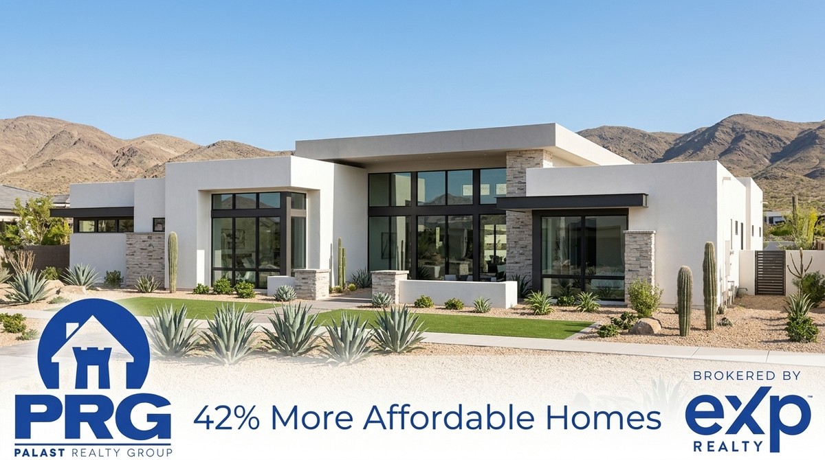 Modern white house with large windows, desert landscaping, and mountains in the background, ideal for Skye Canyon relocation.