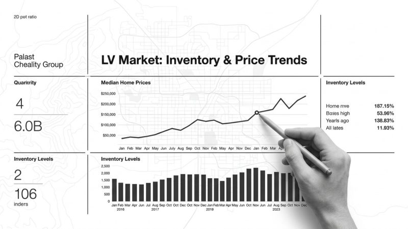 Hand pointing to a Las Vegas real estate market graph showing median home prices and inventory trends.