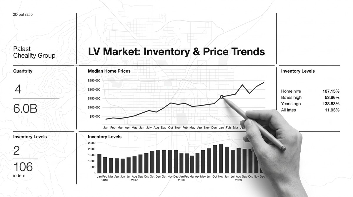 Hand pointing to a Las Vegas real estate market graph showing median home prices and inventory trends.
