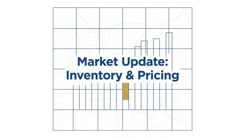 Blue grid over a map, with "Market Update: Inventory & Pricing" text and bar graphs.
