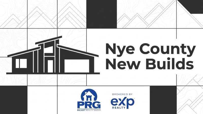 Modern house icon with "Nye County New Builds" text. Palast Realty Group and eXp Realty logos.