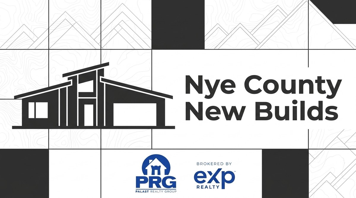 Modern house icon with "Nye County New Builds" text. Palast Realty Group and eXp Realty logos.