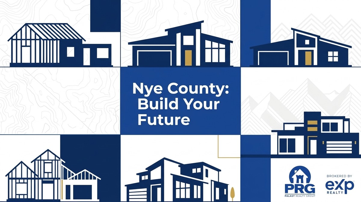 Blue and white graphic with various Nye County new construction home designs, plus "Nye County: Build Your Future.