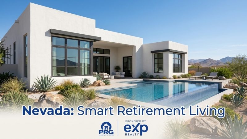 Modern white Nevada 55+ real estate home with a pool, desert landscaping, and mountains in the background.