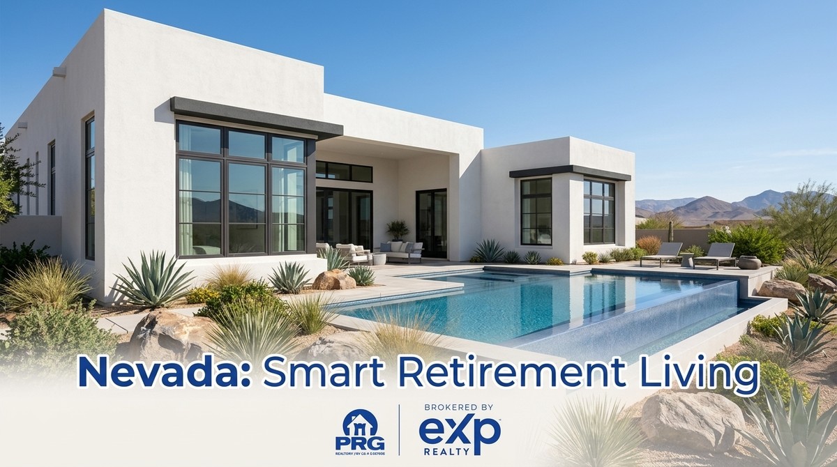 Modern white Nevada 55+ real estate home with a pool, desert landscaping, and mountains in the background.