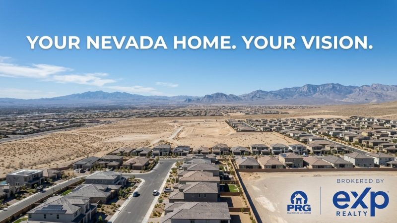 Aerial view of a custom home Nevada land development with houses, roads, desert, and distant mountains.
