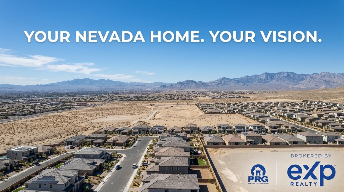 Aerial view of a custom home Nevada land development with houses, roads, desert, and distant mountains.