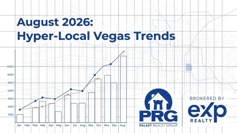 A bar and line graph showing Las Vegas real estate market update trends, with a map and logos.