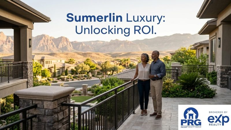 A couple stands on a balcony overlooking a Summerlin luxury estate community with mountains in the background.