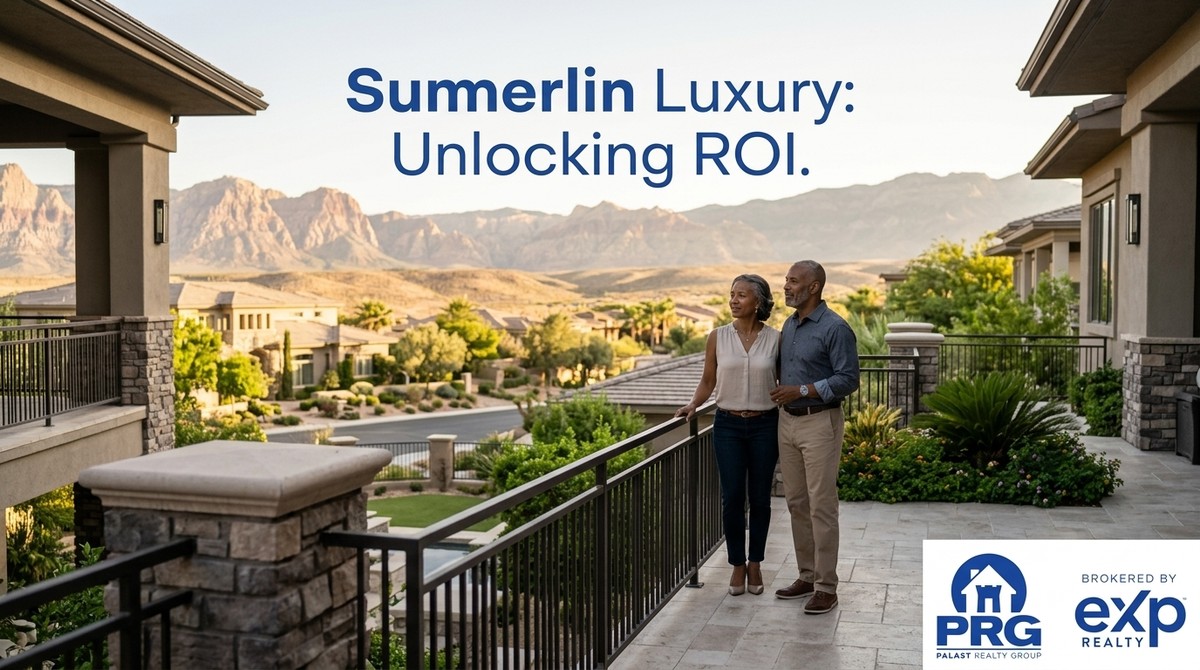 A couple stands on a balcony overlooking a Summerlin luxury estate community with mountains in the background.