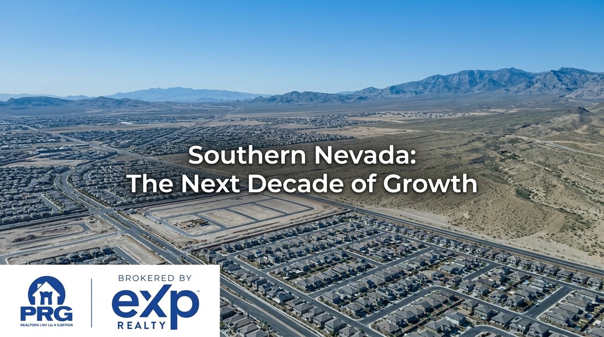 Aerial view of Southern Nevada new construction, showing houses, empty lots, roads, and mountains.