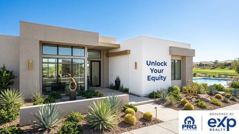 Modern home with desert landscaping, a pool, and golf course view. Text: "Unlock Your Equity.