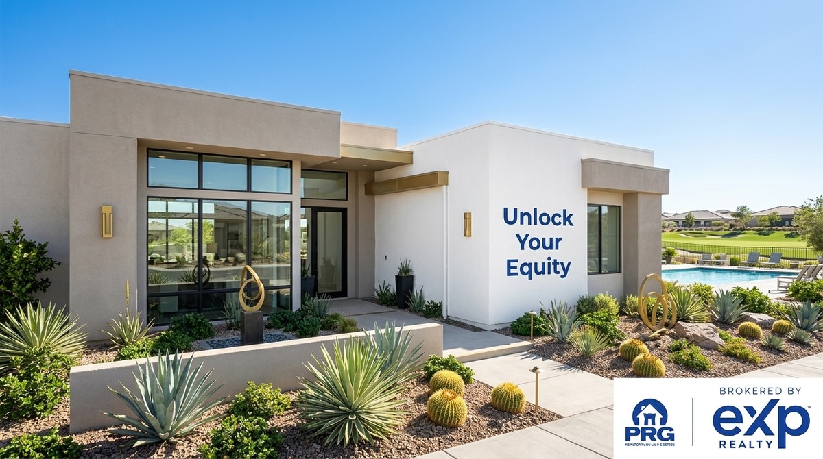 Modern home with desert landscaping, a pool, and golf course view. Text: "Unlock Your Equity.