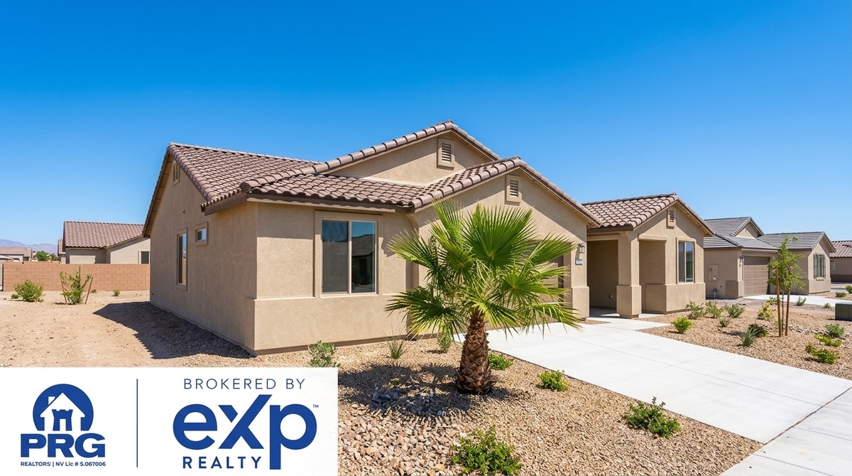 A row of new construction homes with tan stucco, tile roofs, and desert landscaping under a clear sky.