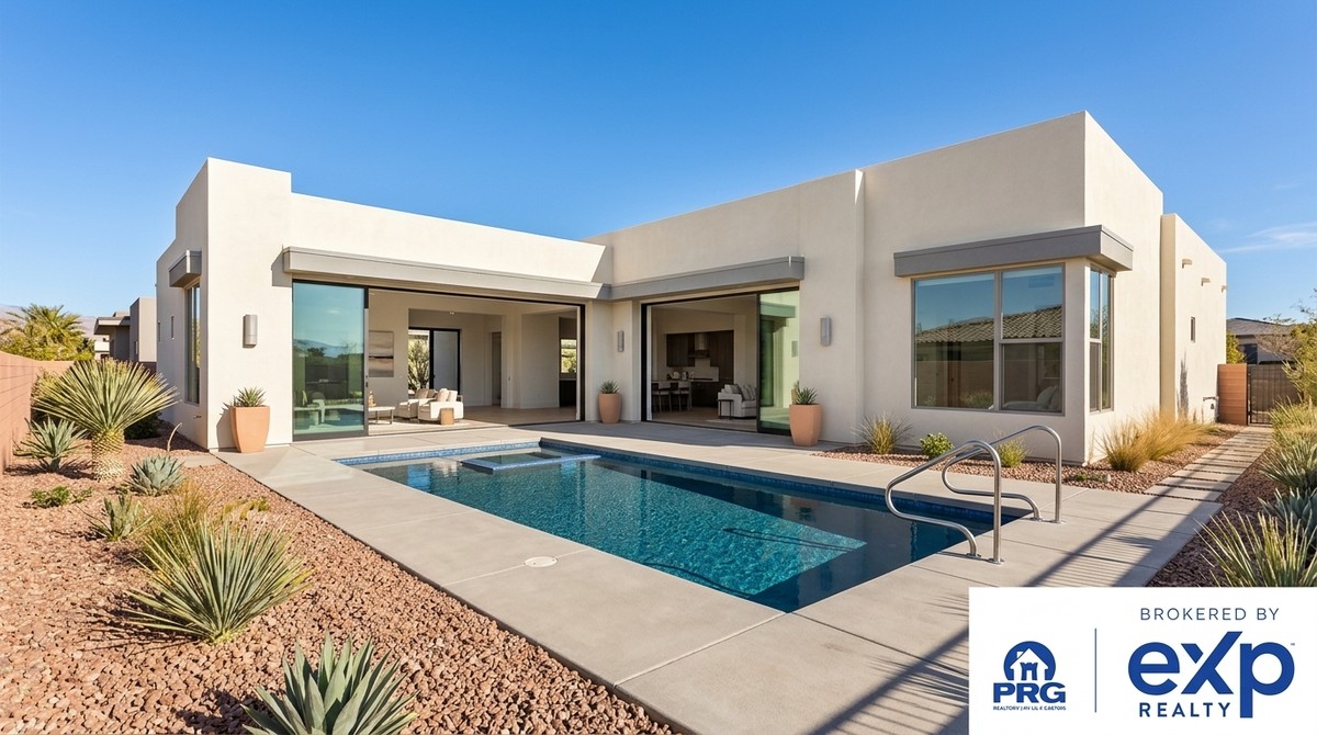 Modern luxury estate with a pool, desert landscaping, and open sliding glass doors in Las Vegas.
