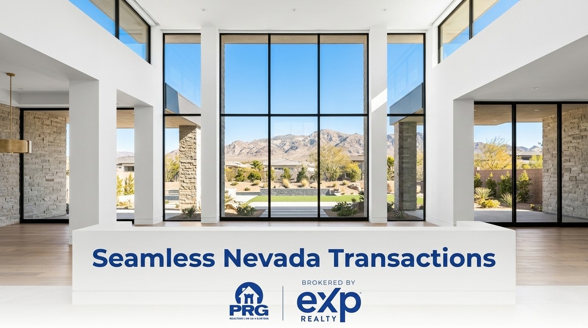 Modern home interior with large windows overlooking a desert landscape and mountains, "Seamless Nevada Transactions" text.