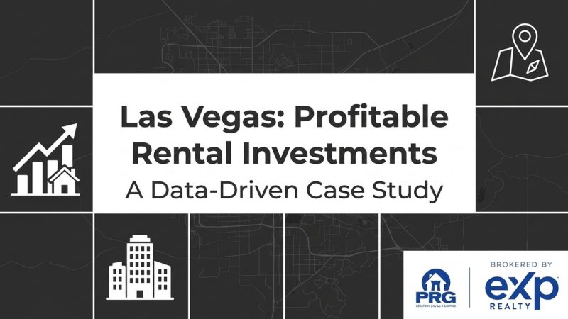 Text: "Las Vegas: Profitable Rental Investments, A Data-Driven Case Study." Icons: map, chart, building.