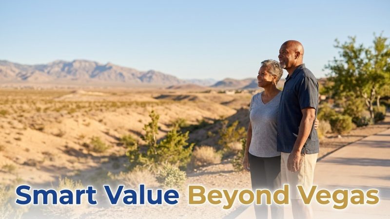 An older couple smiles, looking out at a vast desert landscape with mountains in the background.