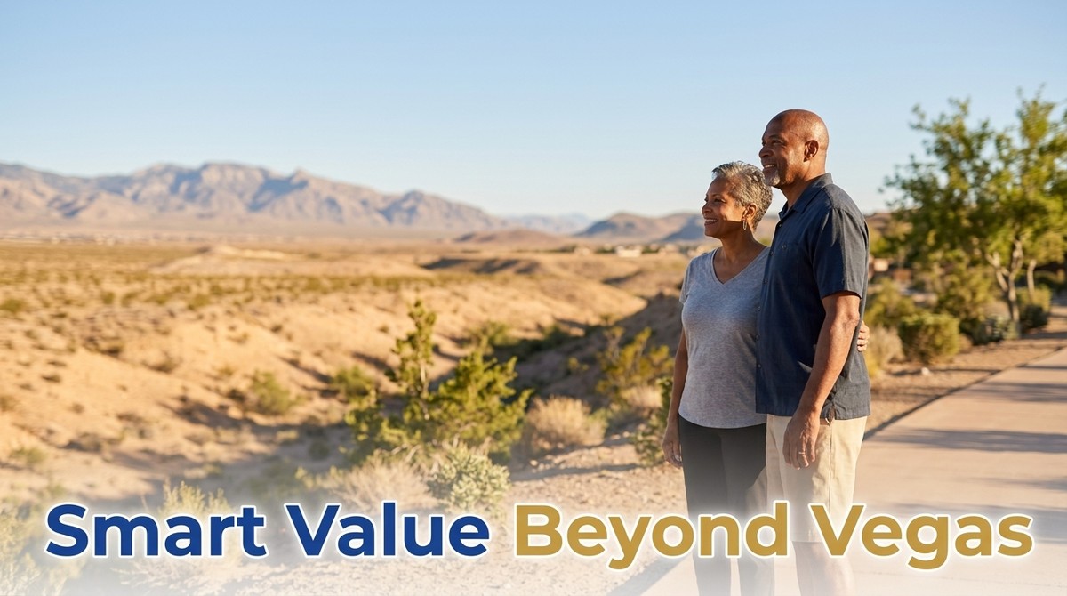 An older couple smiles, looking out at a vast desert landscape with mountains in the background.