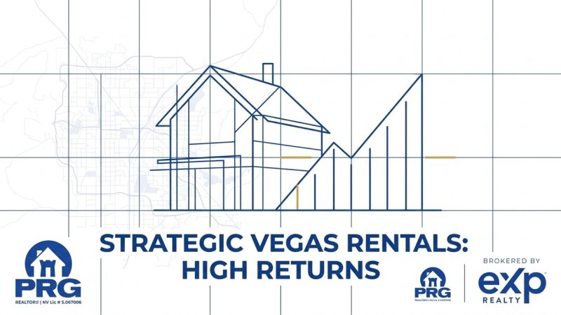 Blueprint-style house and rising bar graph over a map, with text: Strategic Vegas Rentals: High Returns.