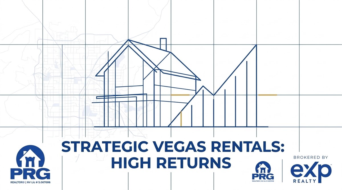 Blueprint-style house and rising bar graph over a map, with text: Strategic Vegas Rentals: High Returns.