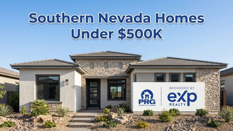 Modern Southern Nevada home with stone and stucco exterior, desert landscaping, and a realty sign.