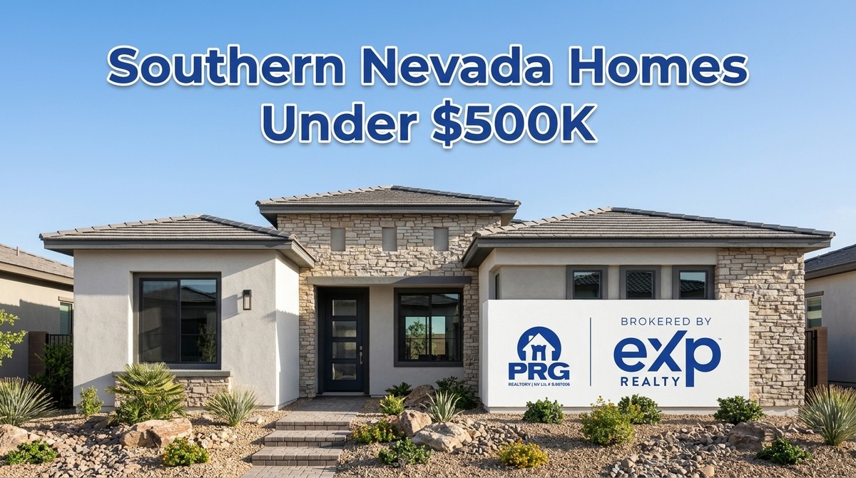 Modern Southern Nevada home with stone and stucco exterior, desert landscaping, and a realty sign.