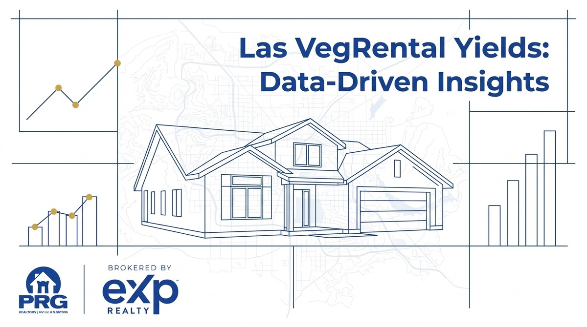 Blueprint-style house, charts, and text: Las Vegas Rental Yields: Data-Driven Insights.